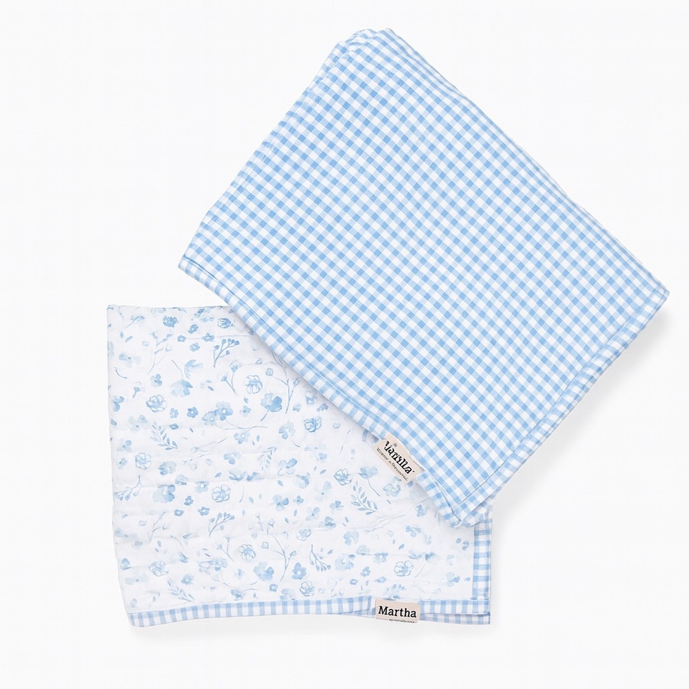 Martha Stewart Pillow Shams Blue White Floral Check 26" x 21" Set of 2